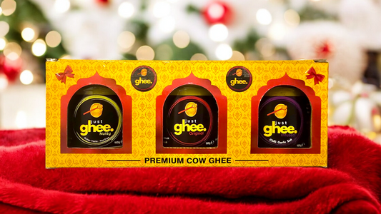 Just Ghee Empty Gift Boxes for 150g Ghee Jars Only featuring premium cow ghee jars in vibrant packaging.