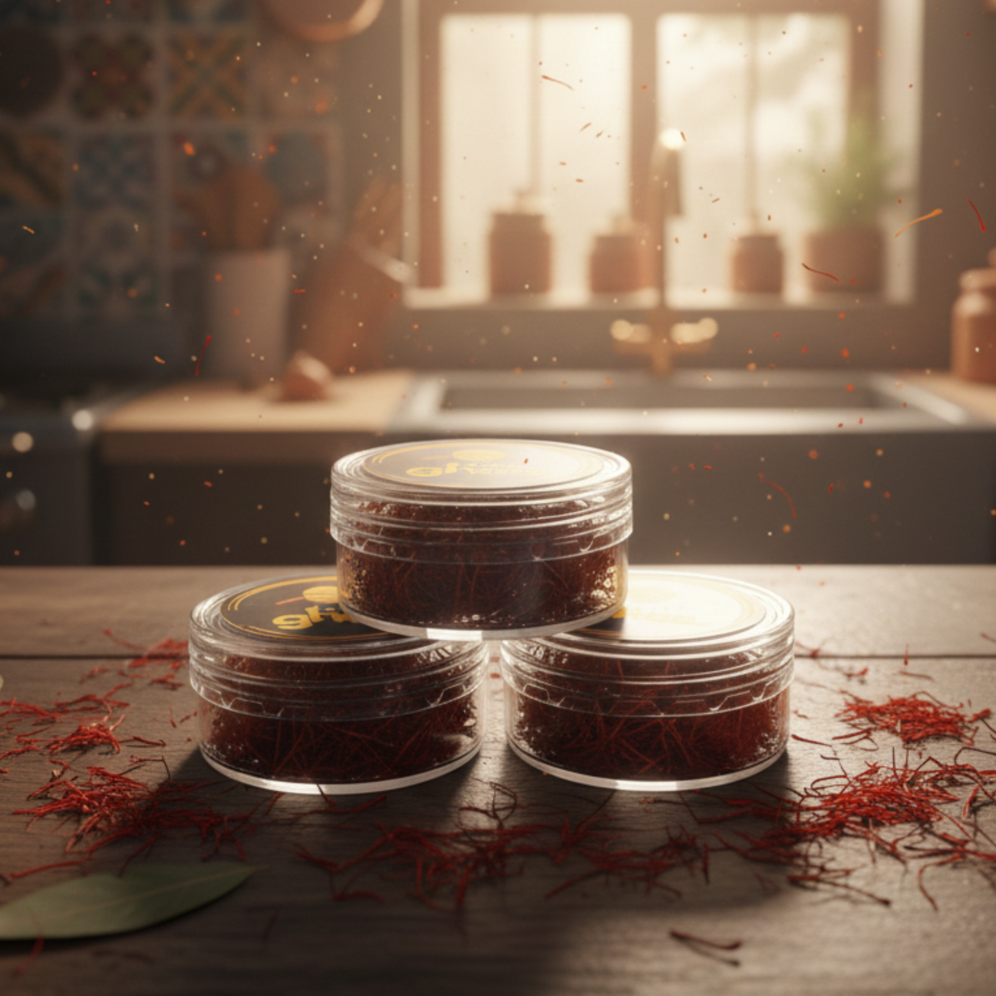 Kashmiri Mongra Saffron Strands in jars showcased on a kitchen counter, highlighting pure luxury for cooking and wellness.