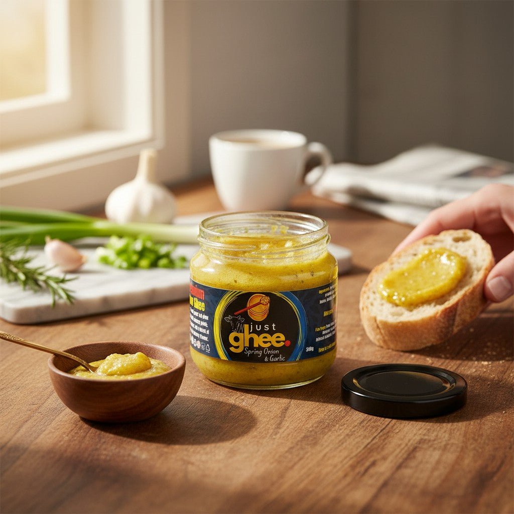 Spring Onion & Garlic Ghee | Grass-Fed Cow Ghee with Roasted Garlic & Spring Onions | Handmade in the UK - Just Ghee UK