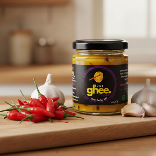 Chilli Garlic Infused Premium & Authentic Cow Ghee jar with fresh chilies and garlic on a wooden surface.