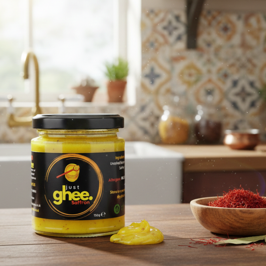 Kashmiri Mongra Saffron Ghee jar with saffron strands on a kitchen table.