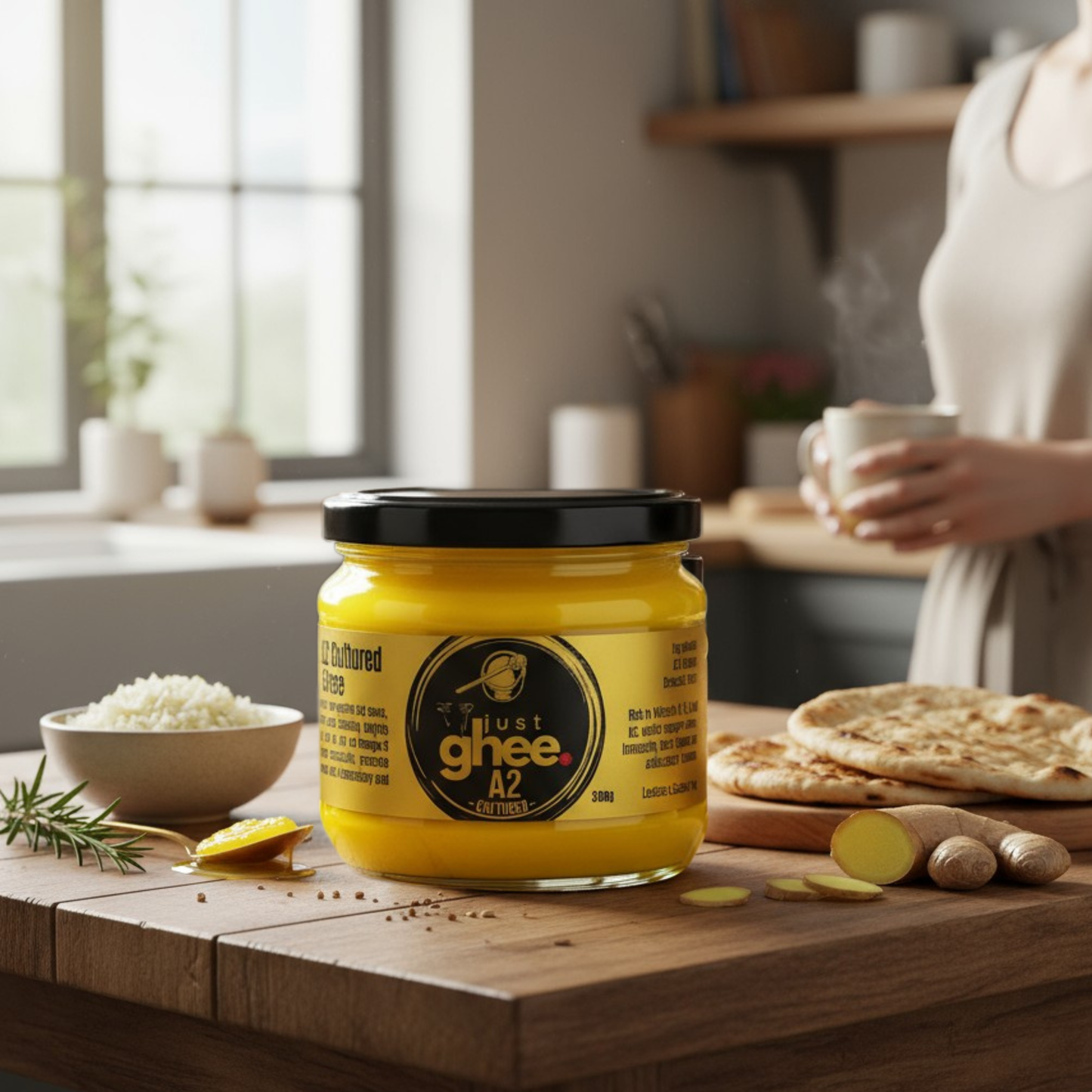 A2 Cultured Ghee in a jar on a kitchen table with bread, showcasing health and taste benefits.
