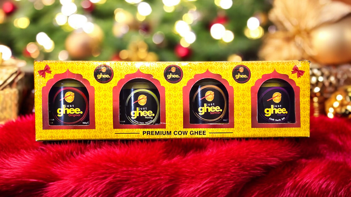 Just Ghee Empty Gift Boxes for 150g Ghee Jars Only, displayed with vibrant packaging and festive background.
