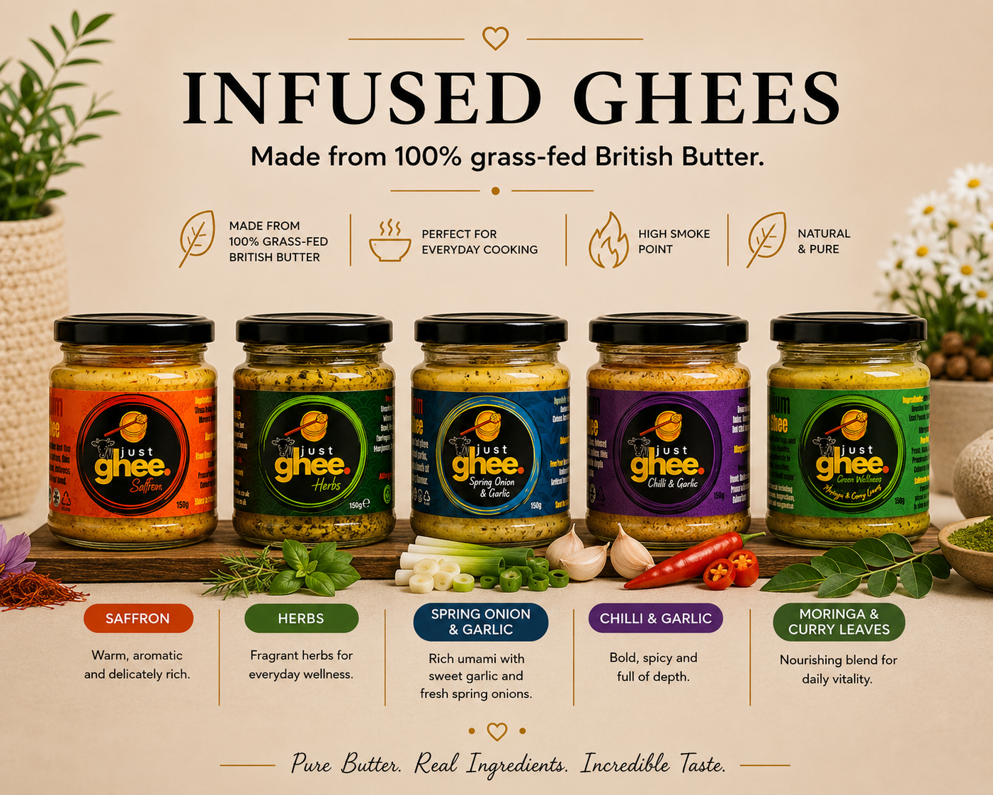 Infused Ghee Collection UK | Chilli Garlic | Saffron | Herbs | Moringa & Curry Leaves - Just Ghee