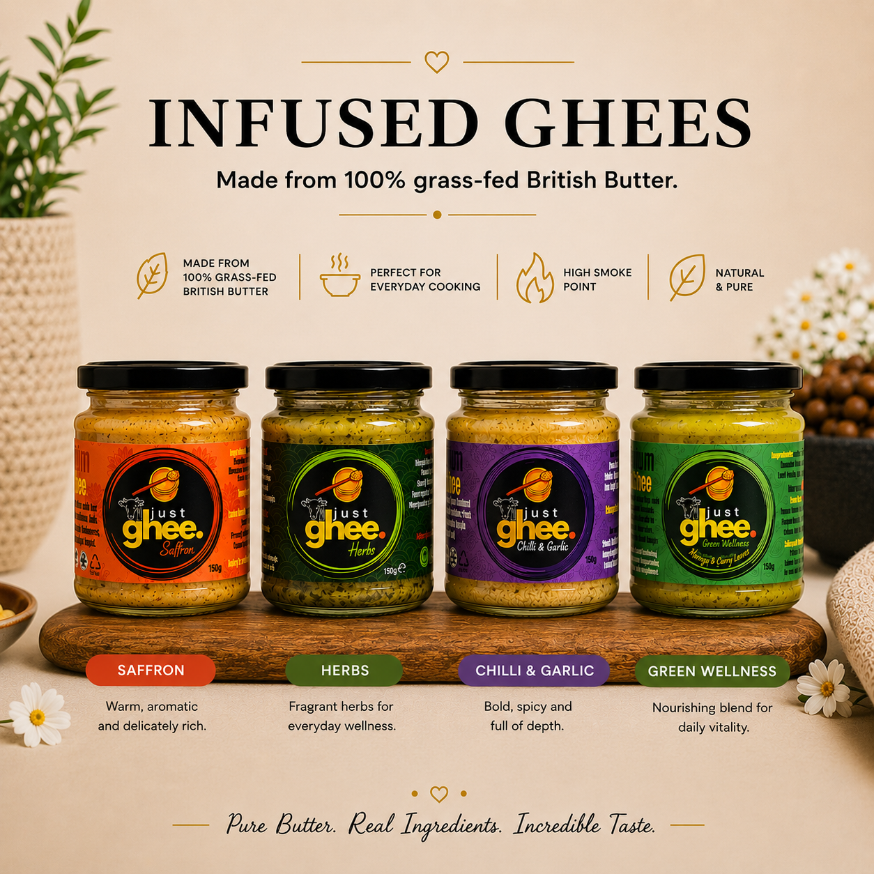 Infused Ghee Collection UK | Chilli Garlic | Saffron | Herbs | Moringa & Curry Leaves