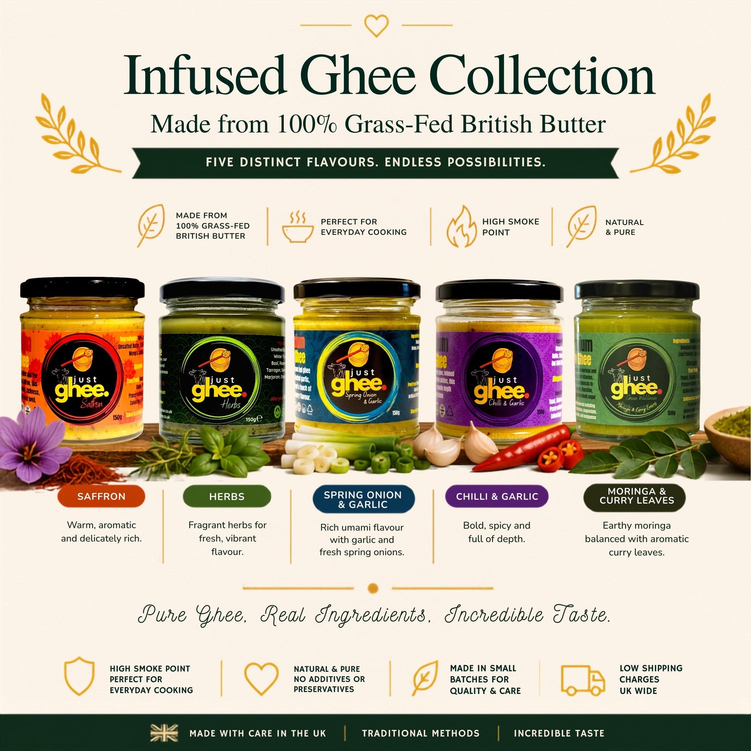 Infused Ghee Collection UK | Chilli & Garlic | Spring Onion & Garlic | Saffron | Herbs | Moringa & Curry Leaves - Just Ghee