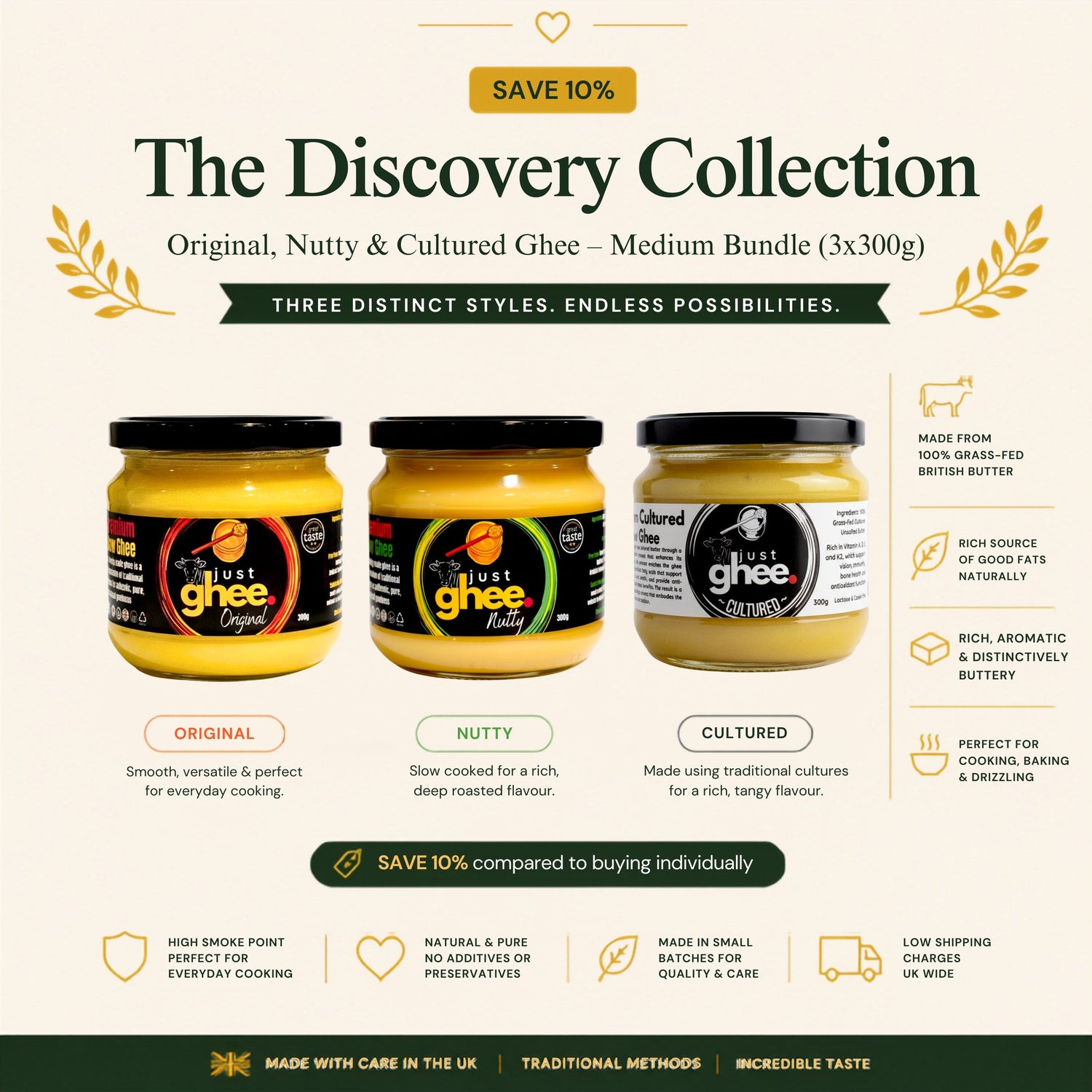 The Discovery Collection | Original, Nutty & Cultured Ghee – Medium Bundle (3 x 300g) - Just Ghee