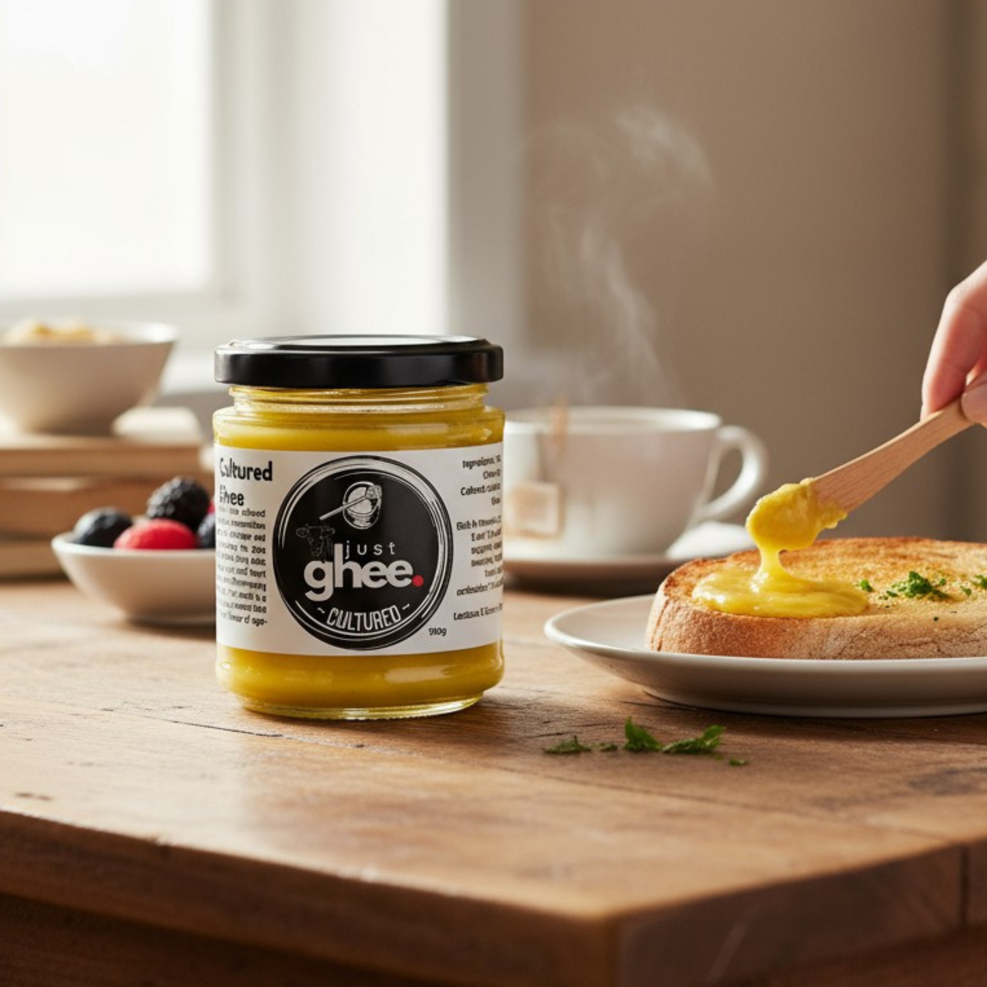 Cultured cow ghee by Just Ghee in a jar, spread on toast with breakfast items in the background.