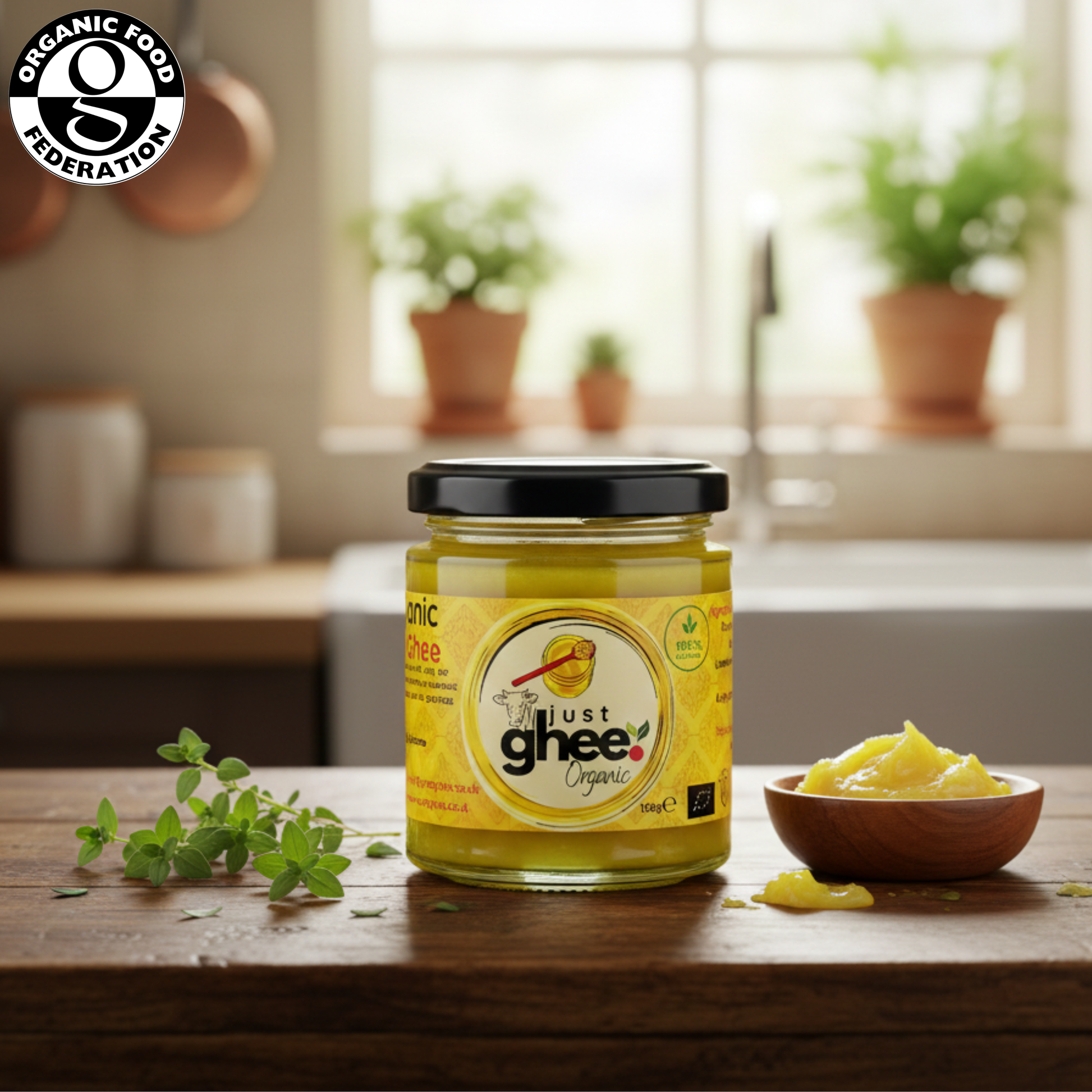 Organic Original Cow Ghee in a glass jar with a wooden bowl of ghee on the kitchen counter, showcasing pure goodness.
