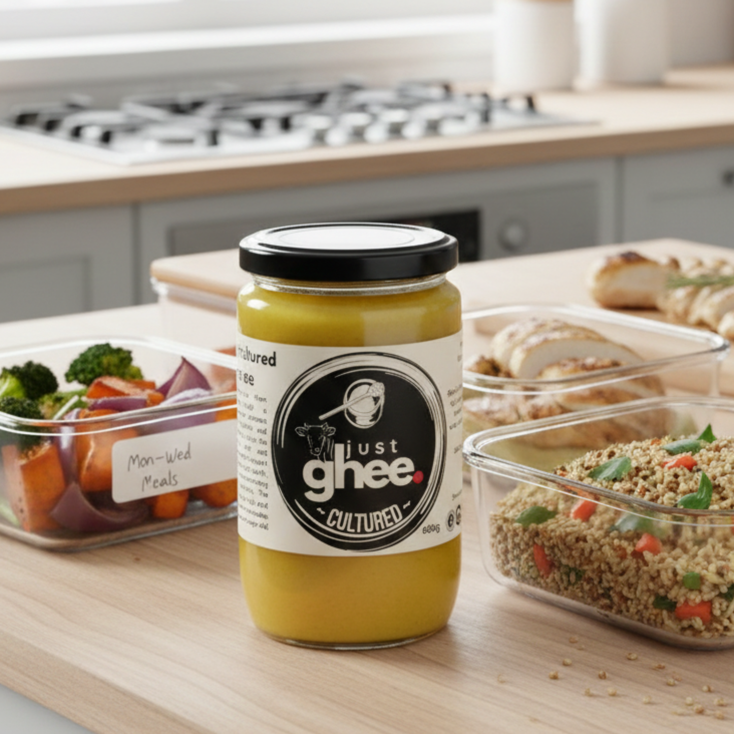 Cultured cow ghee by Just Ghee in a kitchen setting with healthy meal prep.