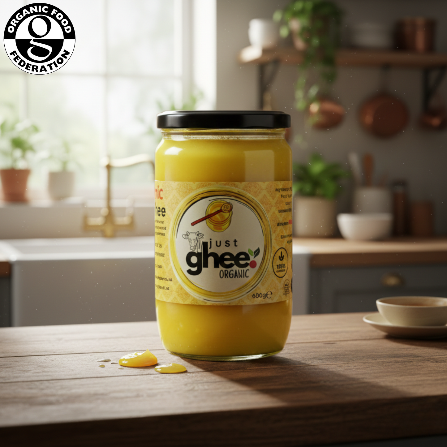 Organic Original Cow Ghee in a jar displayed on a kitchen counter, showcasing pure natural goodness.