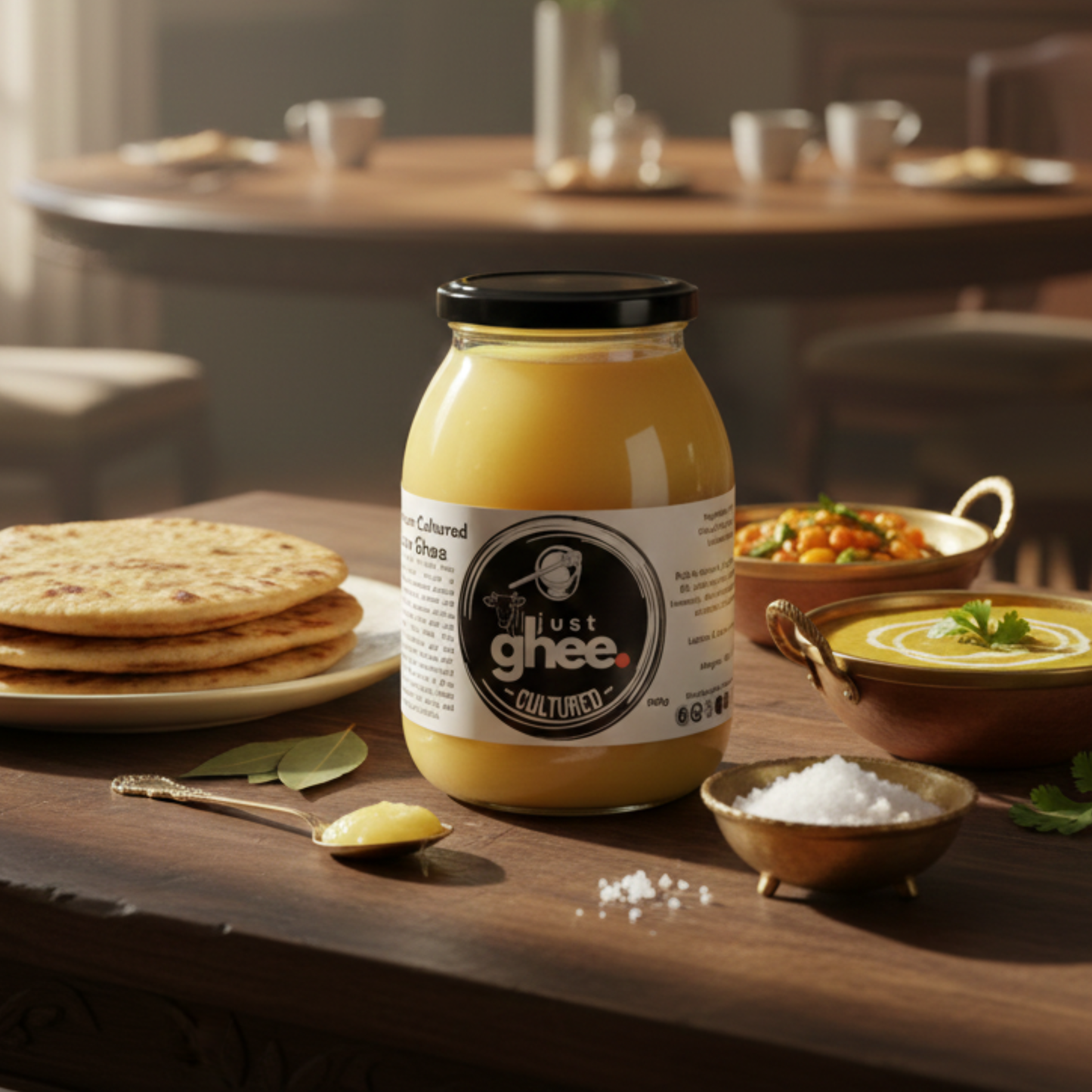 Cultured cow ghee in a jar with traditional Indian dishes on a rustic table, evoking nostalgia and rich aroma.