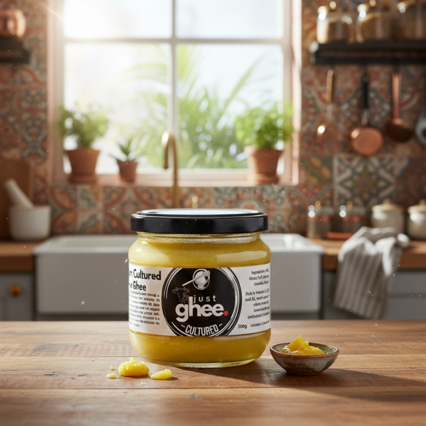 Cultured cow ghee in a jar by Just Ghee, showcasing its rich aroma and nostalgic flavor in a cozy kitchen setting.