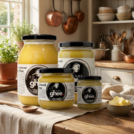 Cultured cow ghee jars by Just Ghee displayed on a wooden kitchen table with a cozy background.