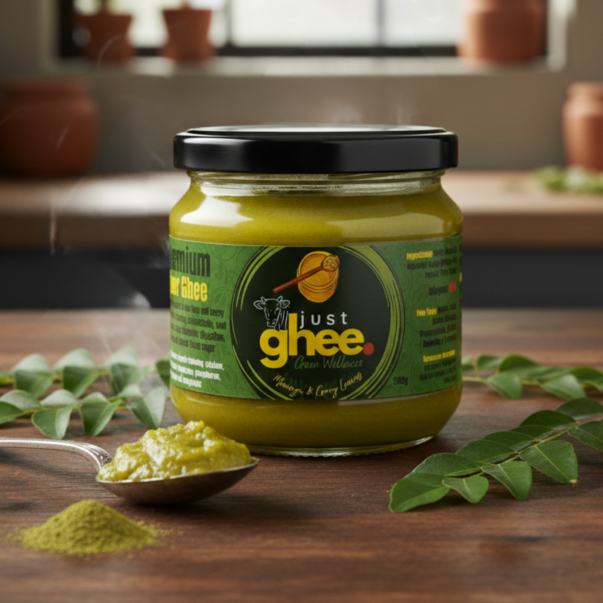 Moringa and Curry Leaves Ghee from Just Ghee UK in a jar with a spoonful on the side, promoting healthy digestion.