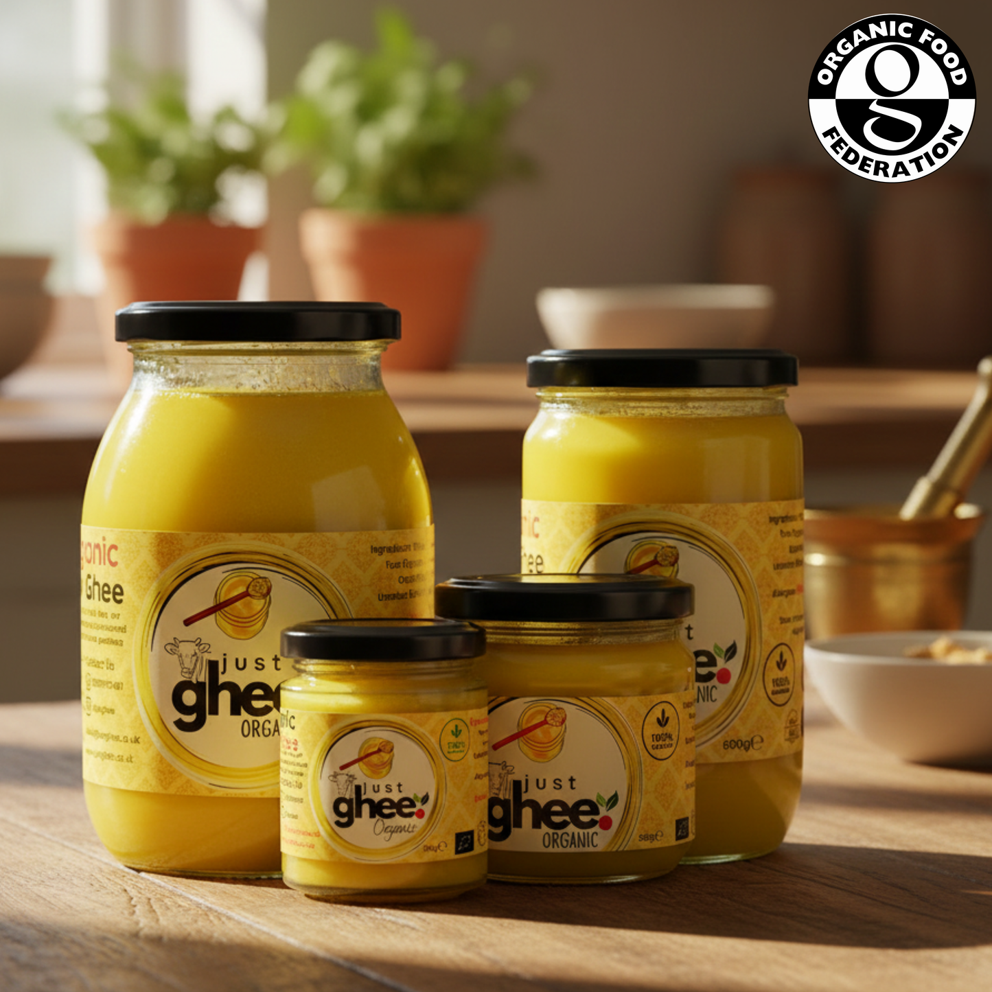 Organic Original Cow Ghee jars on a kitchen counter showcasing premium quality and natural goodness.