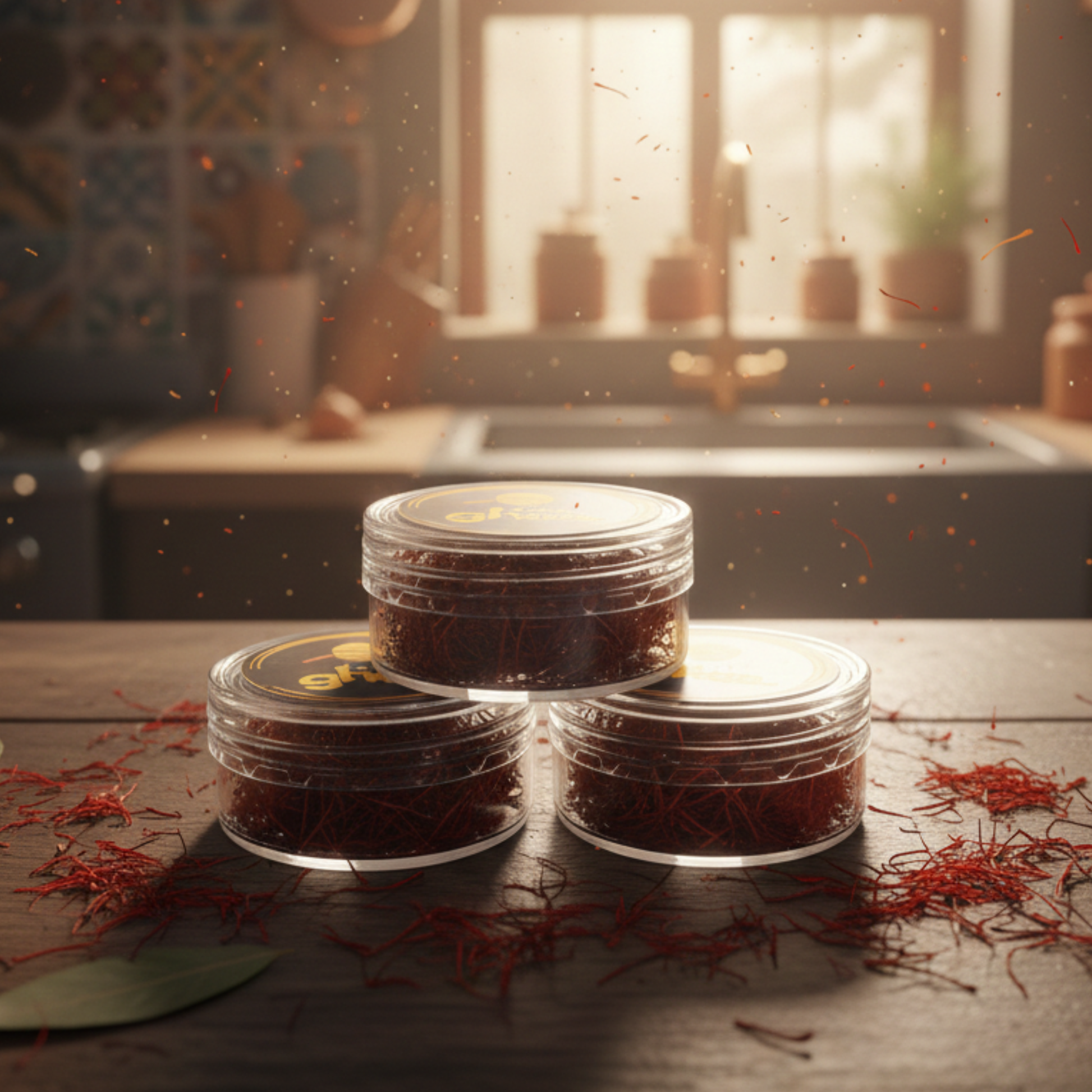 Kashmiri Mongra Saffron Strands in jars showcased on a kitchen counter, highlighting pure luxury for cooking and wellness.