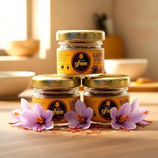 Kashmiri Mongra Saffron Strands UK Premium Grade Saffron | Authentic Kashmiri Saffron | Gourmet & Wellness Use - Just Ghee UK