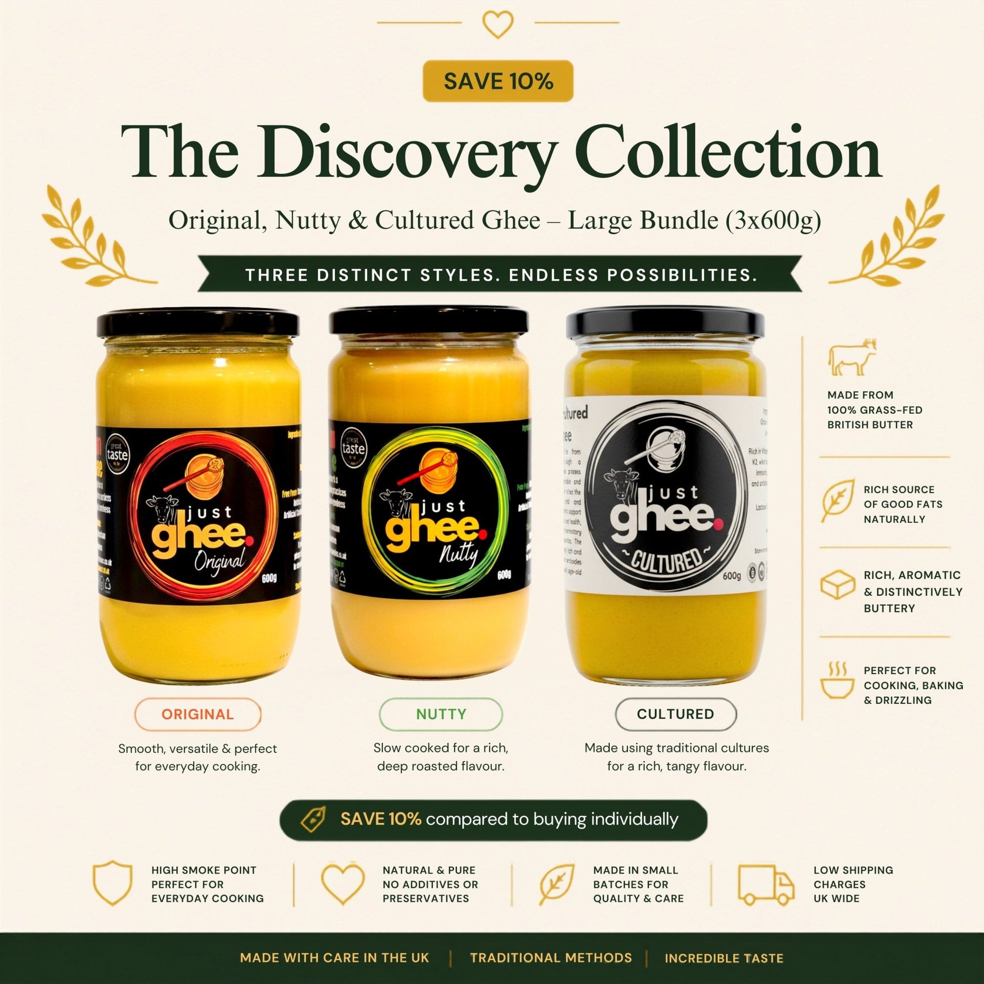 The Discovery Collection | Original, Nutty & Cultured Ghee - Large Bundle (3 x 600g) - Just Ghee UK