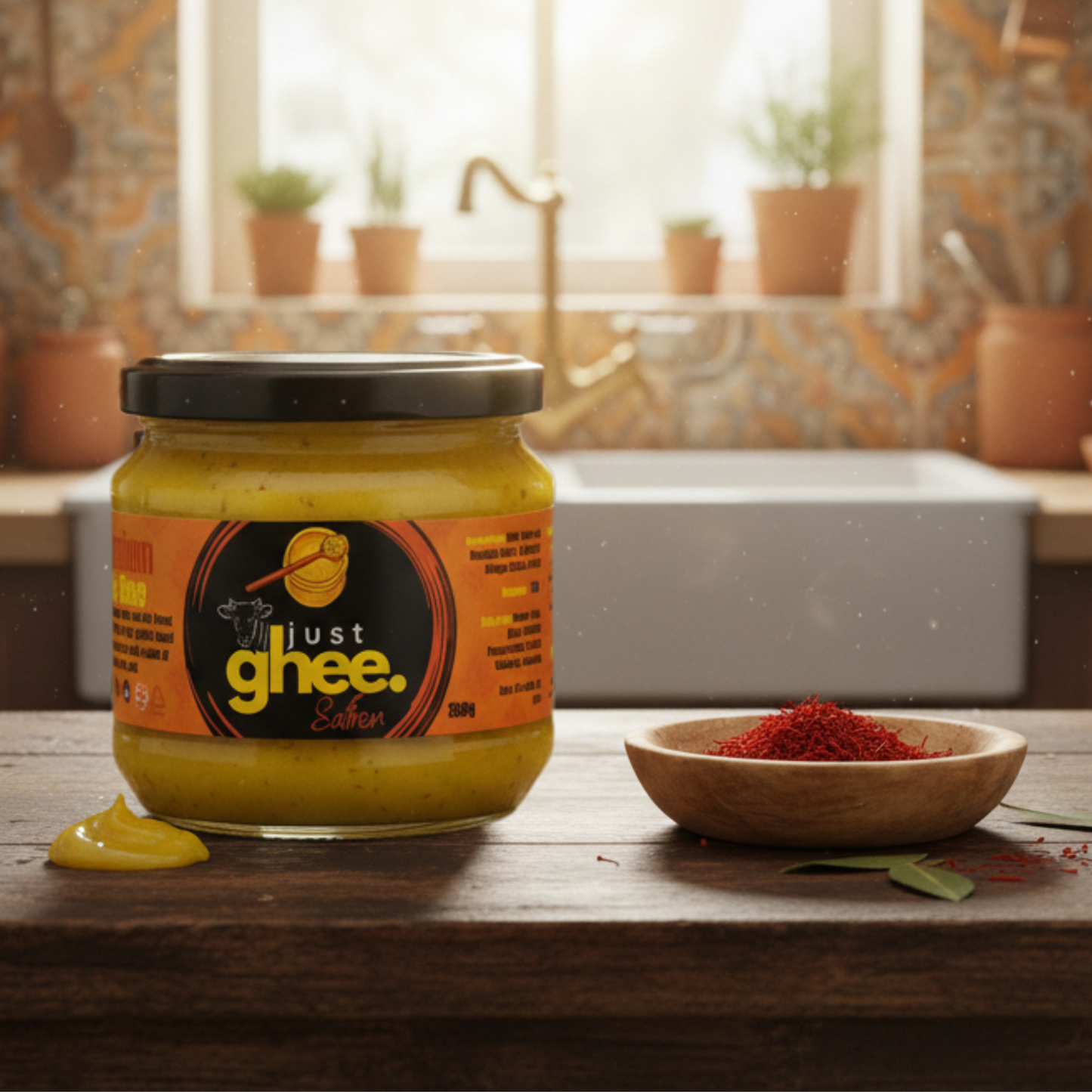 Kashmiri Mongra Saffron Ghee jar on wooden table with saffron beside it, showcasing traditional cooking ingredients.