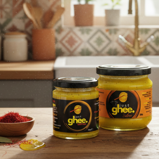 Kashmiri Mongra Saffron Ghee jars on a kitchen counter with saffron strands beside them