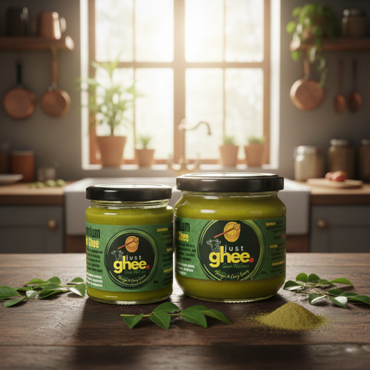 Moringa and Curry Leaves Ghee jars on a kitchen counter with fresh curry leaves, showcasing healthy superfood.