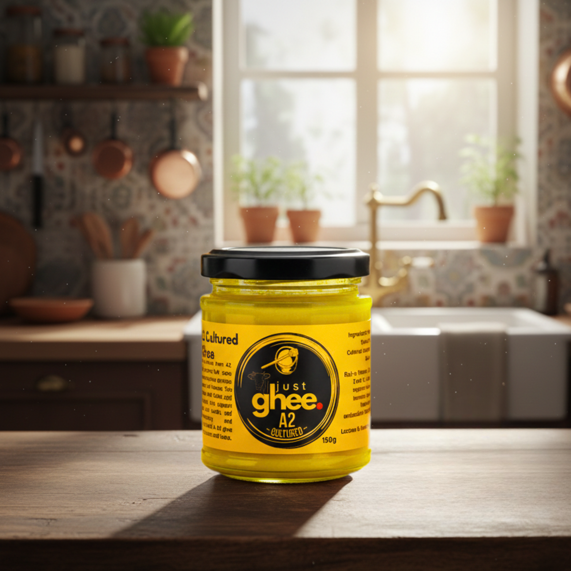 A2 Cultured Ghee in a glass jar on a wooden kitchen counter, showcasing its vibrant color and packaging.