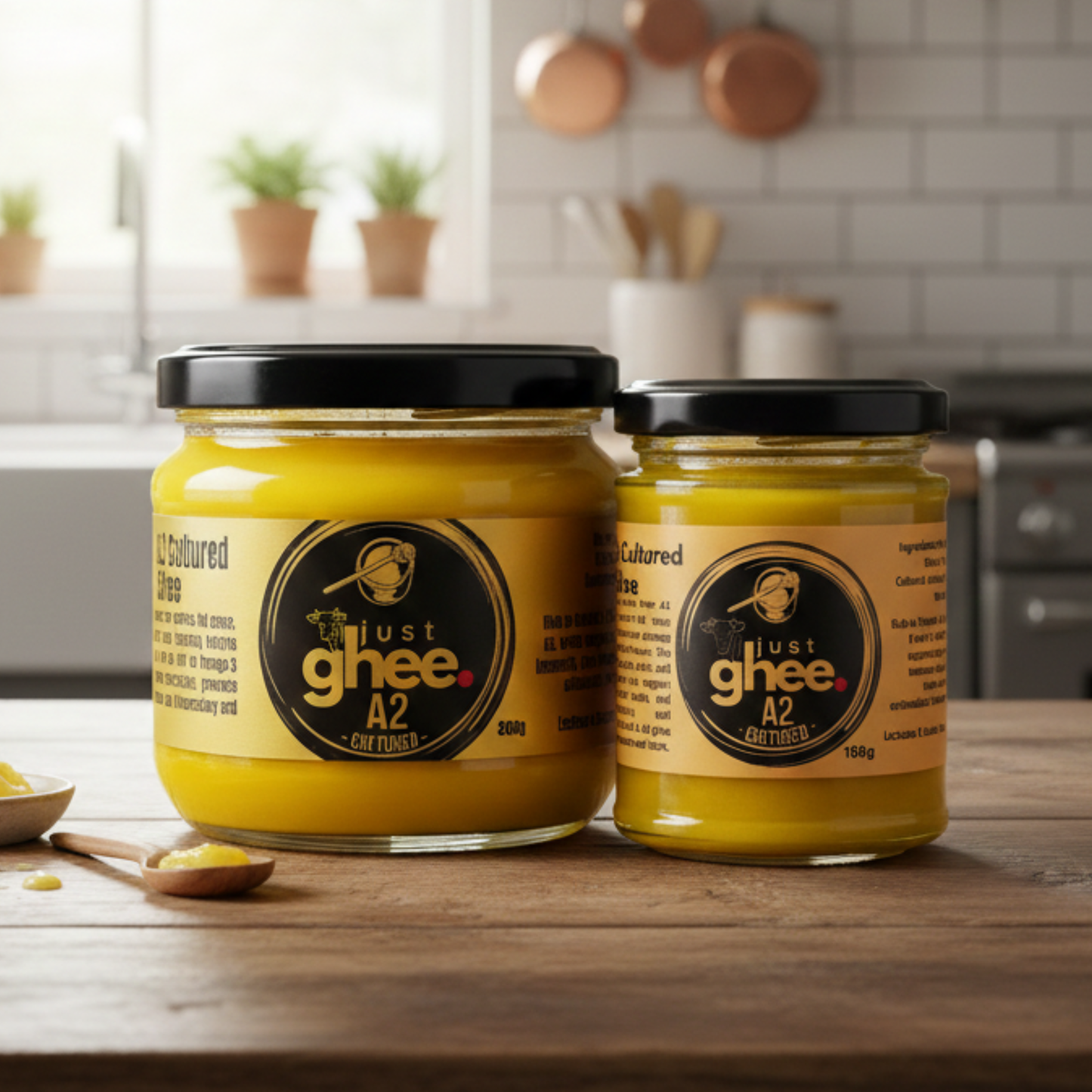 Two jars of A2 Cultured Ghee on a kitchen counter, showcasing its rich golden color and authentic packaging.