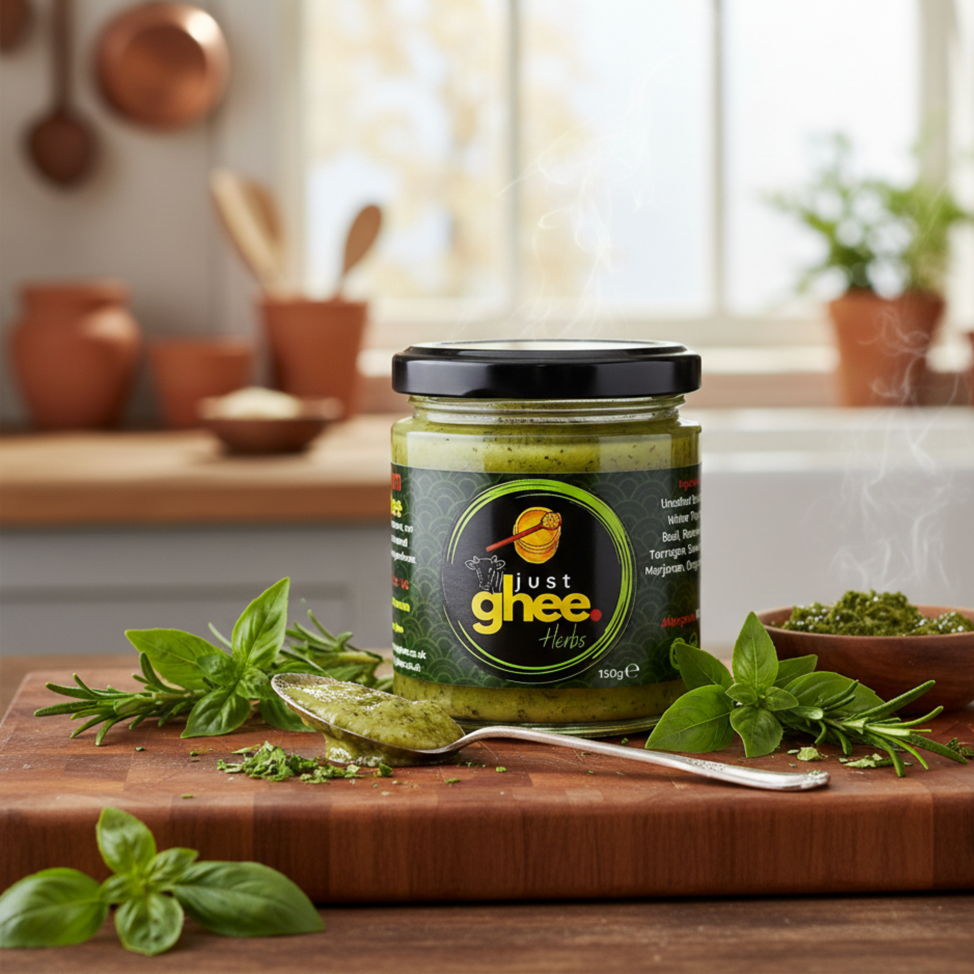 Herbs Ghee in a jar on a kitchen counter with fresh herbs, showcasing the blend of ghee and natural flavors.