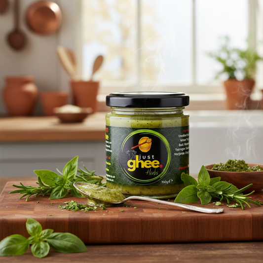 Herbs Ghee in a jar on a kitchen counter with fresh herbs, showcasing the blend of ghee and natural flavors.