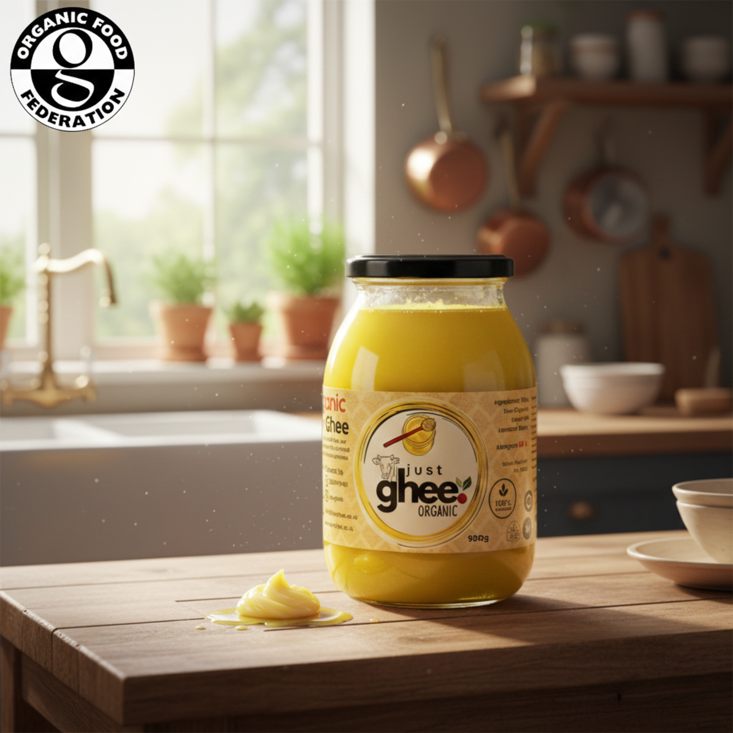 Organic Original Cow Ghee jar on a kitchen counter, showcasing pure goodness from nature.