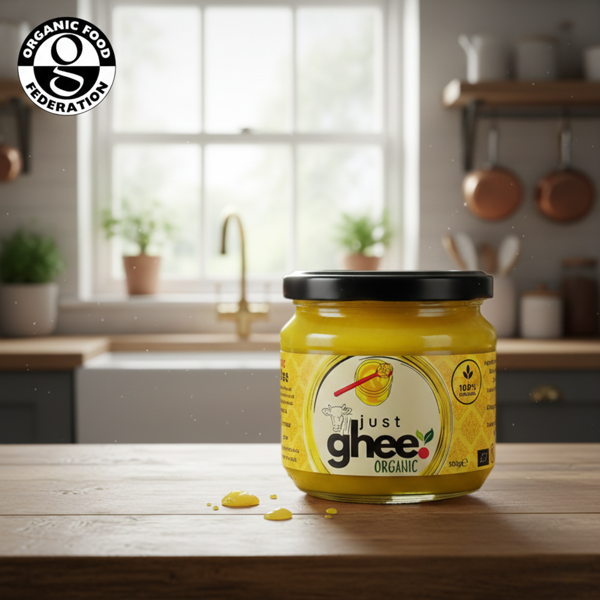Organic Original Cow Ghee in a jar on a kitchen counter, highlighting its natural goodness and organic certification.