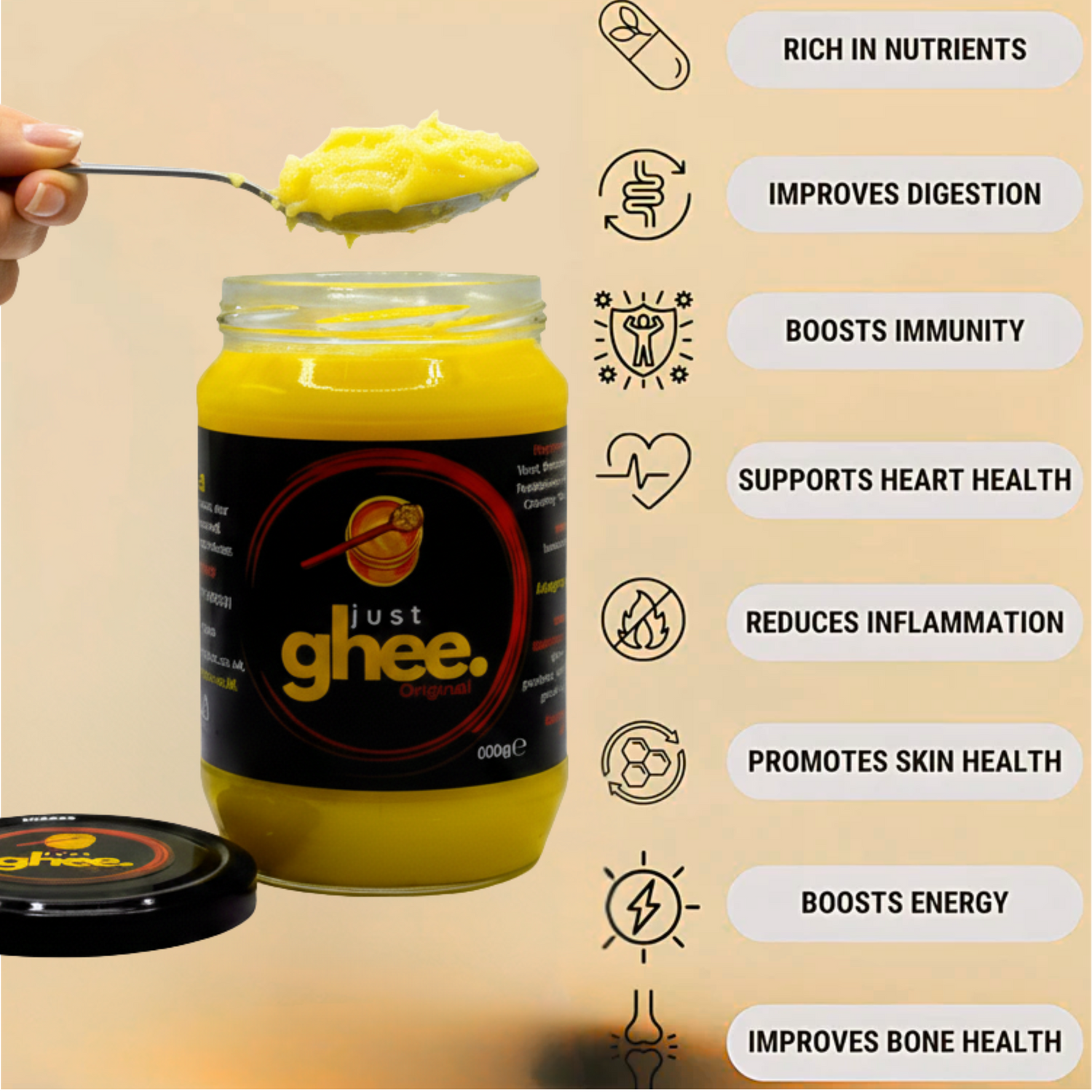 Jar of 'just ghee' with a spoonful of ghee and health benefits listed on a beige background